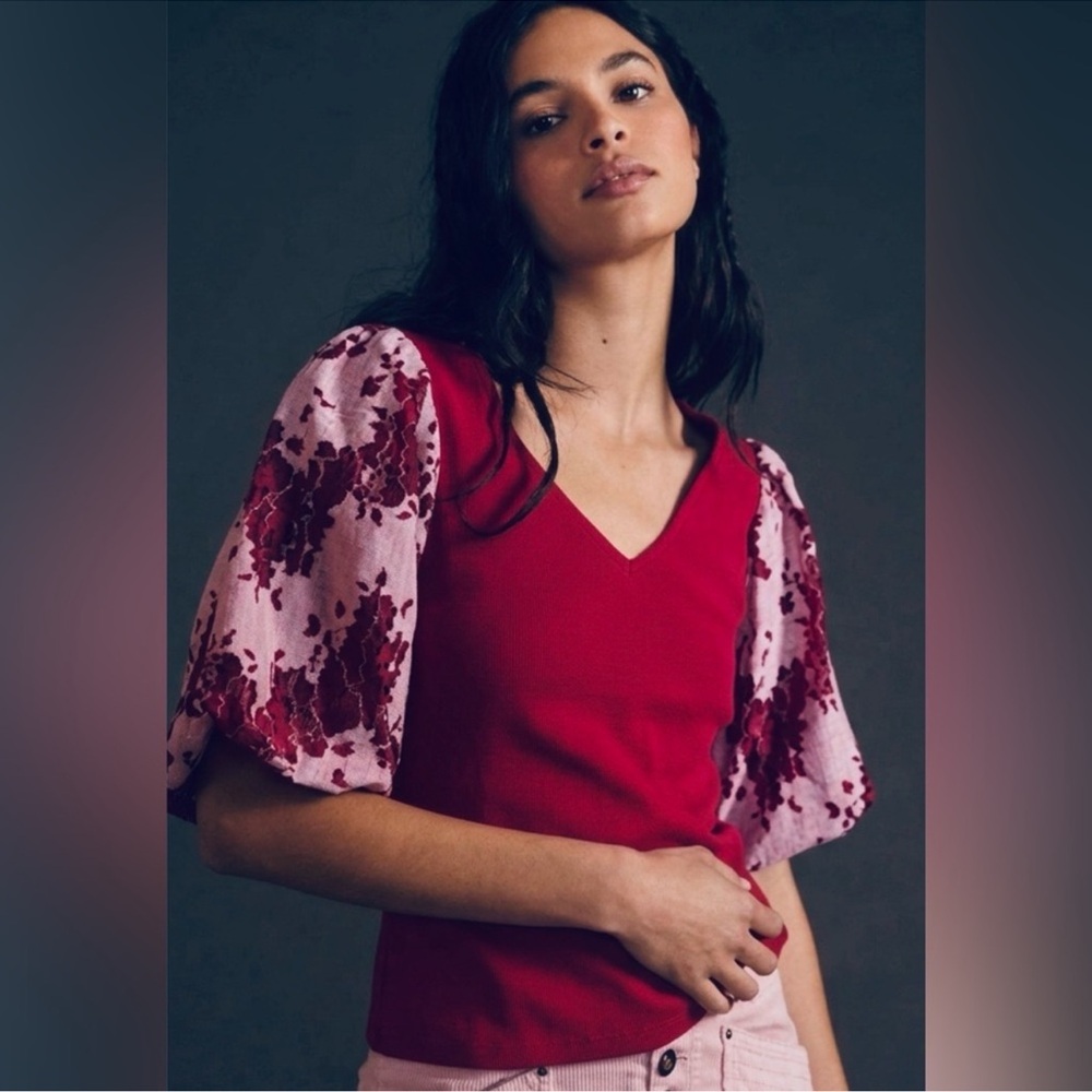 Anthropologie Dolan Lace Puff Sleeve Top size XL red